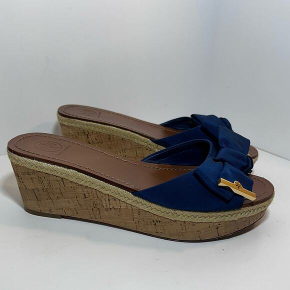 Tory Burch Sandals Wedge Slides Navy Blue Logo Bow Ribbon Size 8.5 - Picture 5 of 14